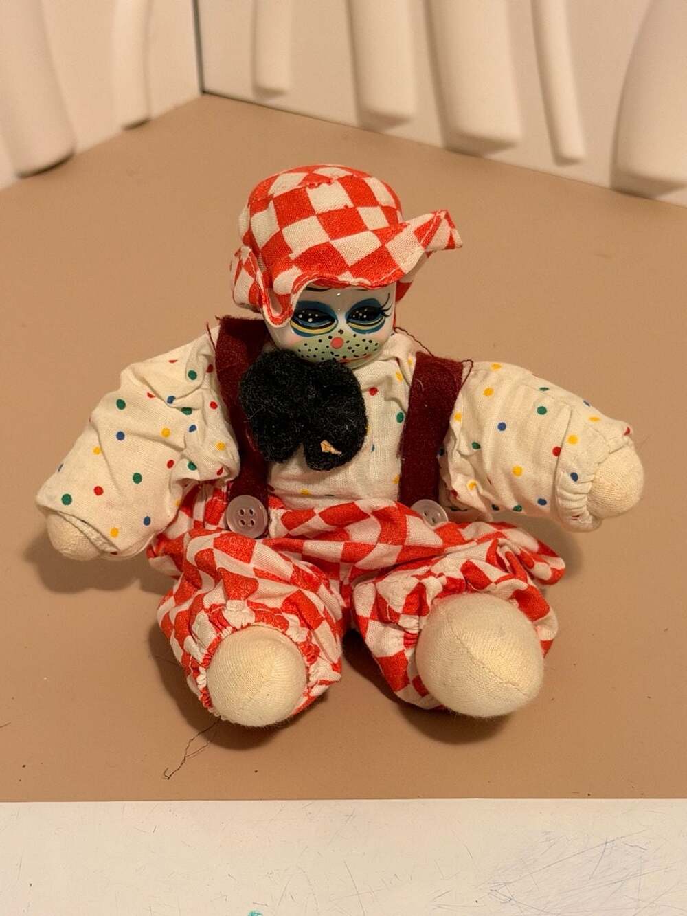 Vintage Porcelain Face Clown Doll 8 inch Sitting Shelf Sitter